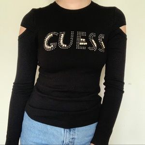 NWT Guess Long Sleeve Black Lightweight Sweater Open Shoulder Rhinestone